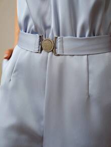 ZEYLAH Women's Satin Ruched Halter Belted Wide Leg Jumpsuit - Blue - View 2