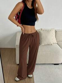 CovetEZ Quần dài nữ màu nâu dệt kim mềm mại, kiểu dáng thường ngày, thích hợp cho mùa xuân/hè. - màu nâu - Xem 3