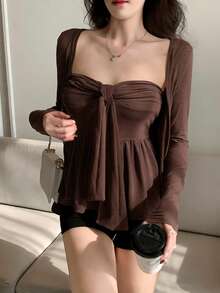 DAZY 2pcs Women Solid Color Casual Twist Camisole And Cardigan Set Summer - Coffee Brown - View 2