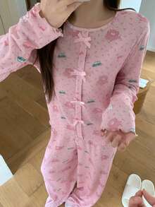 DAZY 2件套女士可爱小熊碎花印花长袖T恤和宽松直筒长裤睡衣套装，春秋季 - 粉色 - 查看 6