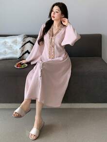 DAZY Elegant Sequin Decor Collar Open Front Long Women Robe - Pink - View 6