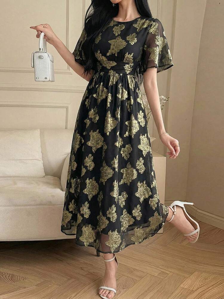 Women's Elegant Jacquard Waist-Cinched Long Dress, Summer Sundress Boho