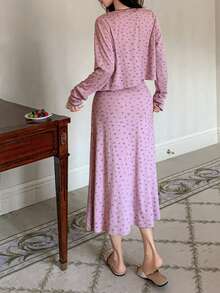 2pcs Women Ditsy Floral Camisole Dress & Long Cardigan Sleepwear Set - Mauve Purple - View 2