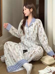 DAZY 2pcs Women Plaid Patchwork Cute Bear & Polka Dot Pattern Loose Cardigan Long Sleeve & Straight Leg Long Pajama Pants Set, Spring - Blue - View 9
