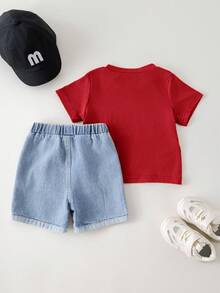 SHEIN 2pcs Baby Boy Summer Casual Letter Print T-Shirt And Light Blue   Shorts Set - Red - View 2