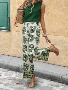 SHEIN Clasi 女士新款优雅无袖上衣和印花阔腿裤两件套，适合度假、日常穿着及多种场合。 - 彩色 - 查看 4