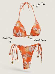 Elavelle Women's Random Print Halter Metal Decor Bikini Set, Spring/Summer - Multicolor - View 3