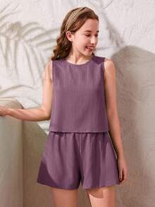SHEIN Teen Girl's Casual Sleeveless Solid Light Purple Textured Fabric Set, Spring/Summer - Dusty Purple - View 3