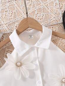 少女碎花装饰无袖纽扣衬衫 - 白色 - 查看 4