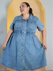Pretty and Ole Plus Flap Pocket Shirt Denim Dress - Light Wash - View 4