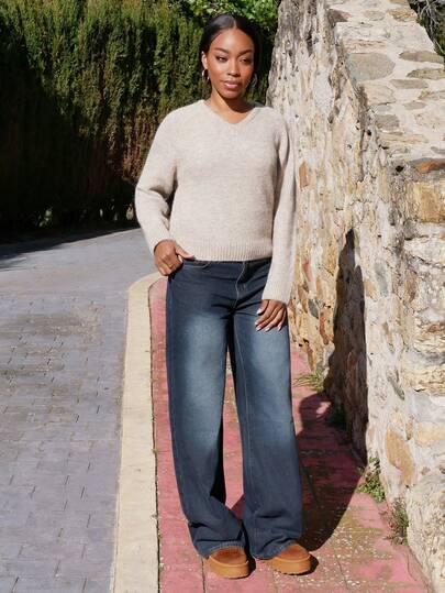 Yess Loren Women's Solid Color Raglan Sleeve V-Neck Loose Casual Sweater, Autumn/Winter,Long Sleeve Tops,Fall Women Clothes