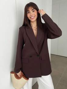Hitanina Women's Business Style Solid Color Double-Breasted Blazer Jacket For Commuting, Autumn  - Coffee Brown - View 4