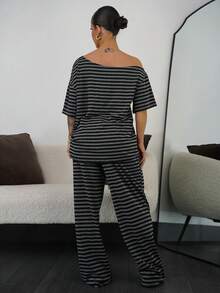 SAYEHFBABY 女士夏季简约街头服饰基本款日常穿着外出运动舒适露肩 T 恤和阔腿运动裤两件套服装 - 彩色 - 查看 2