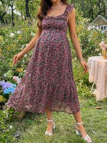 SHEIN 孕妇碎花甜心领荷叶边褶皱露背连衣裙，夏季度假风 - 彩色 - 查看 1