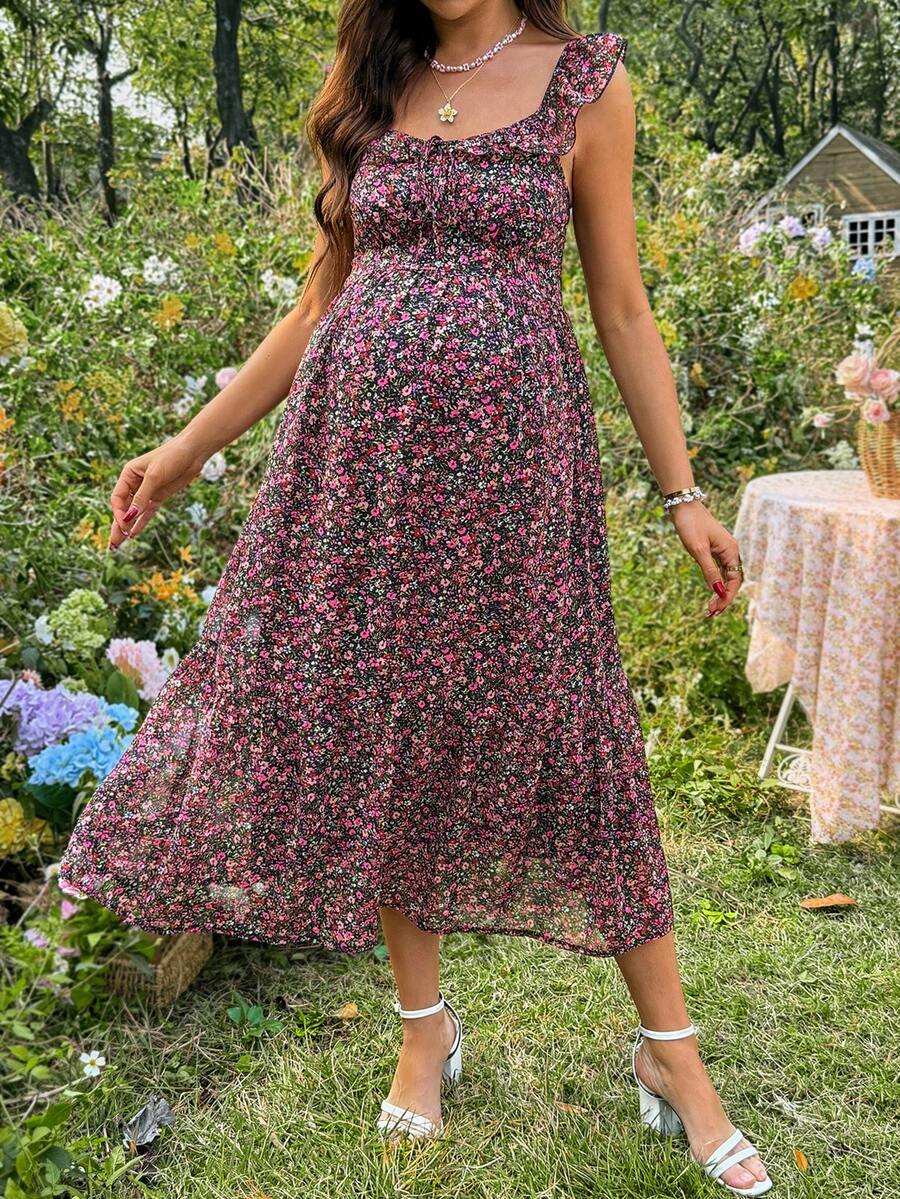 SHEIN 孕妇碎花甜心领荷叶边褶皱露背连衣裙，夏季度假风 - 彩色 - 查看 1