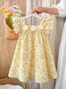 SHEIN Vintaside Kids 女童藍白條紋方領荷葉袖花卉裝飾寬鬆A字洋裝，適合休閒、海灘、夏季度假穿著 - 黃色 - 查看 4