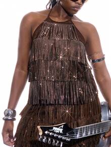 LYSMO Plus Size Sleeveless Casual Rave Party Top With Rhinestone & Tassel Decor, Suitable For Music Festivals In Spring/Summer - Brown - View 4