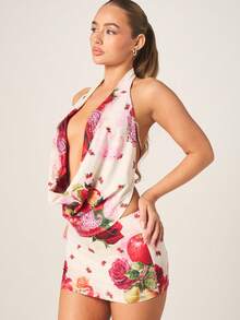 MISSGUIDED Floral Print Halterneck Cowl Plunge Top With Micro Mini Skirt Two Piece Summer Outfits Set Vacation Resort Bodycon Co Ord - Multicolor - View 5