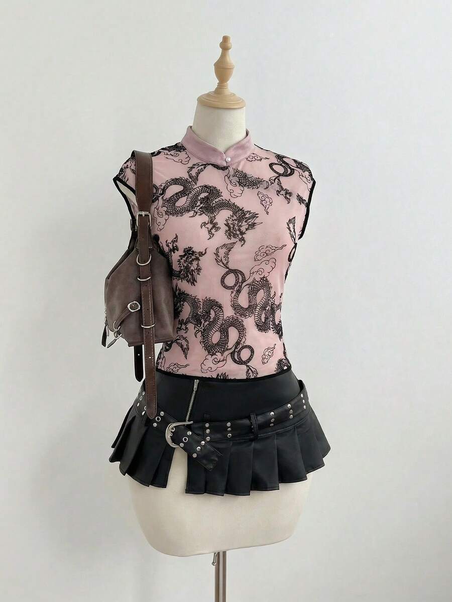 Elamini Elegant Luxury Women's Chinese Dragon Print Cap Sleeve Top - Pink - View 1