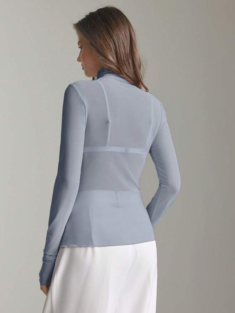 2026 Spring/Summer Stockholm Style Women's Teacher Outfit, High Collar Knit Top, Elegant Summer Blouse, Mesh Long Sleeve Shirt, Business Casual Women's Basic Top, Women's Holiday, Beach, Office Wear