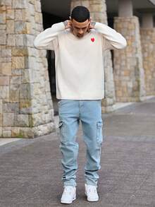 Devon Thys 休闲宽松圆领毛衣，慵懒时尚套头衫，饰有刺绣爱心图案，适合春、秋、冬穿着，男女皆宜 - 杏色 - 查看 6