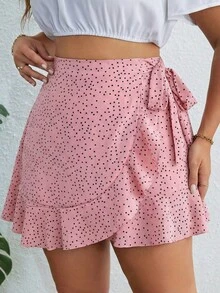 SHEIN VCAY Plus Polka Dot Print Knot Side Ruffle Trim Wrap Hem Skirt Peplum Short Dress - Pink - View 3
