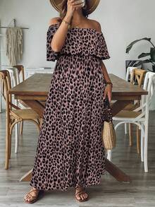 SHEIN VCAY Gaun Maxi Wanita Ukuran Plus Motif Leopard dengan Bahu Terbuka dan Pinggang Berkerut, Model A-Line dengan Belahan Samping, Gaun Maxi Kasual Romantis Tropis Gaya Barat - Berwarna merah muda - View 6