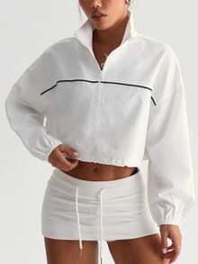 Dewbera Áo khoác nỉ nữ dáng rộng có khóa kéo, thích hợp cho mùa thu/đông, thiết kế phối màu trắng, tay dài, có dây rút ở gấu áo, phù hợp cho mặc thường ngày, chạy bộ, yoga, tập gym, tennis, golf. - trắng - Xem 6