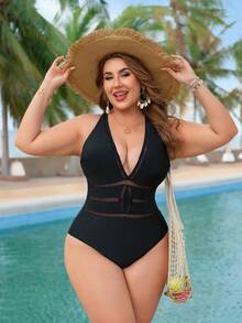 Swim Lushoire Plus Size One-Piece Swimsuit For Women, Mesh Hollow Out Slimming Tummy Control Swimwear - Black - View 4