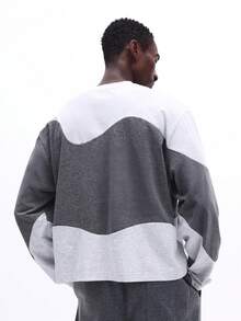 SUMWON Camiseta de manga larga con cuello redondo, diseño de bloques de color y patrón de olas, panel de contraste, algodón, ajuste cómodo y casual para hombre - Gris - Ver 2
