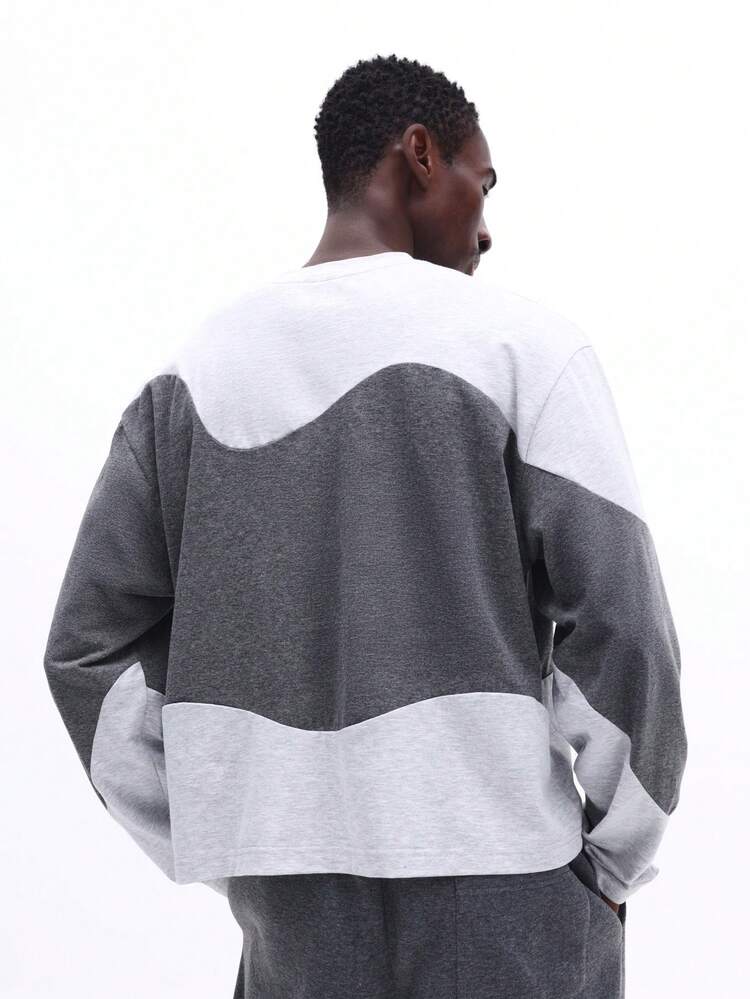 SUMWON Men Long Sleeve Color Block Wave Pattern Crew Neck Tee Contrast Panel Design Cotton Casual Comfort Fit Top Plain