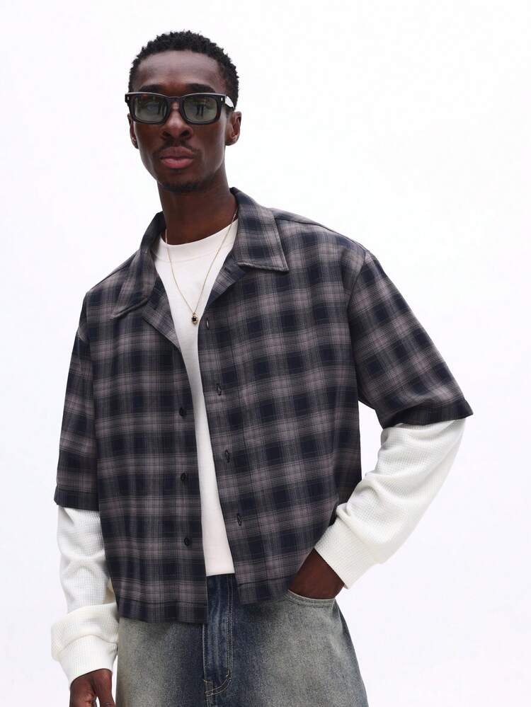 SUMWON Casual Crop Fit Double Layered Button Front Plaid Shirt With Short Sleeves And Spread Collar For Everyday Wear