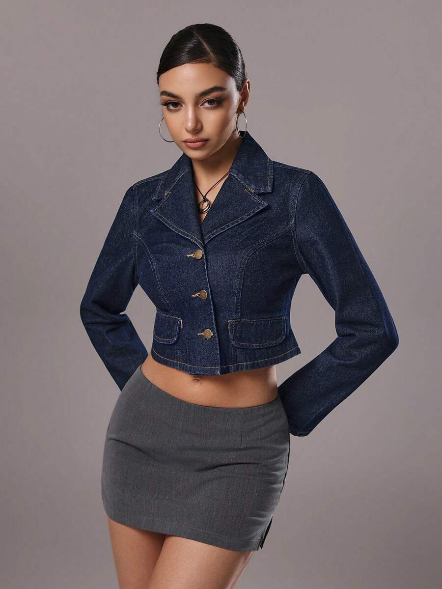 TRNVIE Chaqueta de mezclilla lavada con cuello vuelto y apertura frontal, de estilo casual y elegante - Azul lavado oscuro - Ver 1