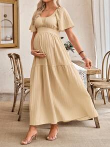 SHEIN Maternity A-Line Dress With Ruffle Sleeves, Bow Back Design - Apricot - View 4