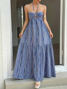 Sunnyshic Đầm maxi in họa tiết tối giản dành cho nữ, thích hợp mặc hàng ngày. - Blue Day - Xem 5