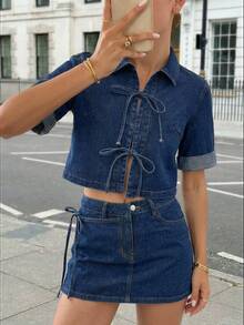 Siren Gaze 女士翻领短袖系带休闲牛仔衬衫 - 深色水洗藍 - 查看 3