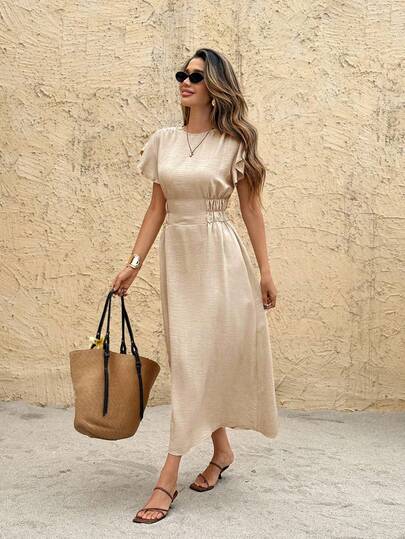 SHEIN Frenchy Ladies Summer Solid Color Round Neck Lotus Leaf Short Sleeve Casual Midi Dress Vacation Beach Holiday Resort