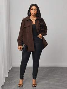 Truni Plus Size Women Solid Color Long Sleeve Single-Breasted Cargo Pocket Casual Jacket, Autumn Fall Winter, For Pear Triangle Body Shape - Chocolate Brown - View 6