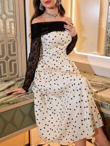 Modelyn 女士春夏针织黑色蕾丝长袖露肩拼接杏色波点提花腰部A字优雅连衣裙 - 杏色 - 查看 7