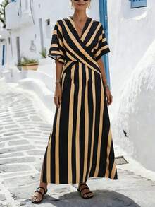 SHEIN Holidaya 女士黄色条纹宽松度假连衣裙，V领，修身肩袖，A字裙摆，适合度假、休闲、居家、日常活动，春夏款 - 鵝黃色 - 查看 5