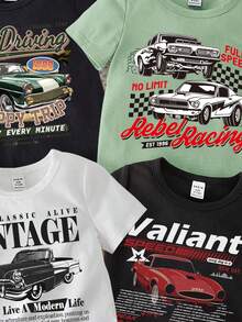 Bubblio 4件装赛车印花休闲圆领短袖上衣，适合男婴夏季穿着，款式包括：男婴图案T恤、男婴汽车T恤、男婴复古汽车T恤、男婴赛车T恤、男婴汽车服装。 - 彩色 - 查看 4