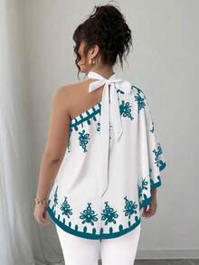 SHEIN Elenzya 大码不对称肩部系带印花衬衫 - 青檸色 - 查看 2