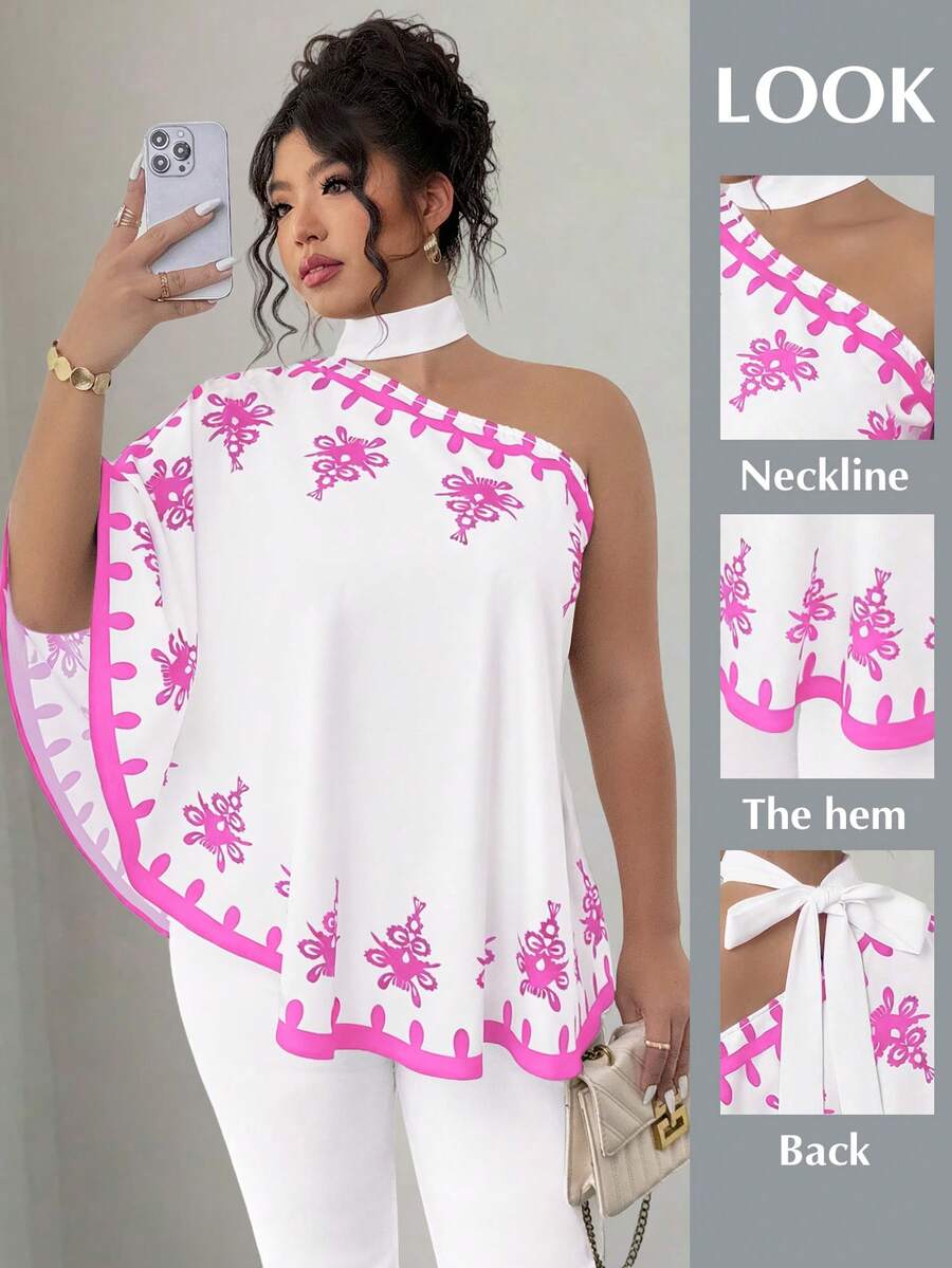 SHEIN Elenzya 大码不对称肩部系带印花衬衫 - 粉色 - 查看 1