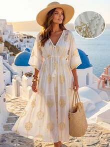 SHEIN Holidaya New Fashion Versatile Casual Drawstring Foil Print French Style Vacation Dress For Women Women Vacation Dress Boho Summer Dress Women Mediterranean Style Clothes Greece Vacation Outfits Women Italy Summer Dress - White - View 1