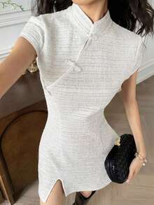 EastFlair 女士立领开衩设计优雅收腰迷你派对连衣裙 - 白色 - 查看 4