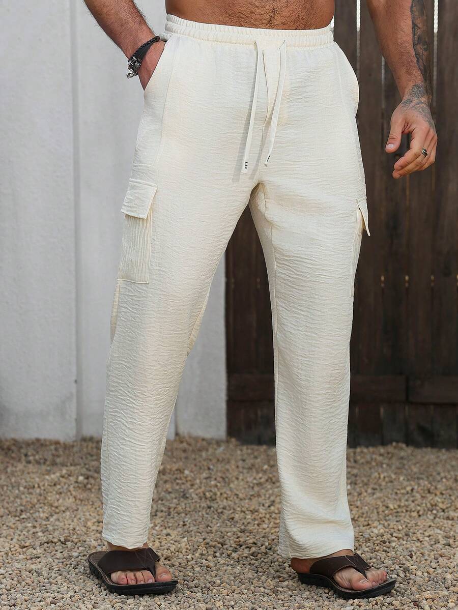 Manfinity RSRT 男士杏色宽松抽绳腰休闲工装裤 - 米色 - 查看 1