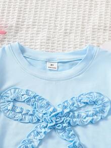 Cute Tween Girls Baby Blue Polyester T-Shirt Ruffle Graphic Bow Regular Length Short Sleeve Round Neck Regular Fit - Baby Blue - View 6