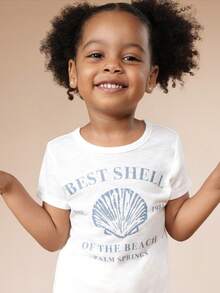 SUMWON 女童夏季海滩主题短袖圆领T恤，饰有贝壳印花和棕榈泉字样，休闲上衣 - 白色 - 查看 5