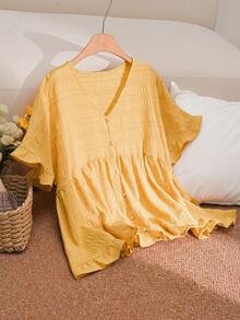 CosyJoli 大码女式宽松A字休闲衬衫，蛋黄色衬衫，纽扣衬衫，春夏女装 - 黃色 - 查看 5