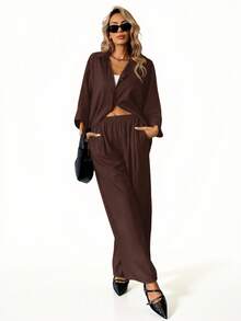 Aveloria Modichic 2pcs/Set Women Blended Side Slit Loose Shirt And High Waist Wide Leg Pants Elegant Business Casual Women  - Chocolate Brown - View 5